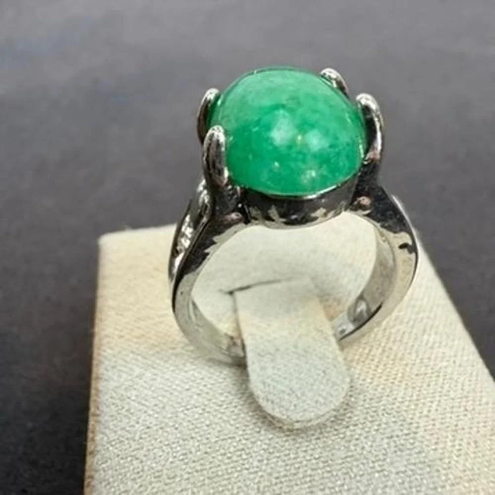 Green Stone Oval Cabochon Ring Silver Tone Statement Solitaire Design